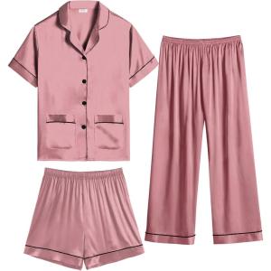 image:imageSWOMOG Girls Pajamas Silk Satin Pajama Set Short Sleeve Button Down Sleepwear Soft Cute PJs with Ruffle Shorts LoungewearMisty Rose