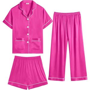 image:imageSWOMOG Girls Pajamas Silk Satin Pajama Set Short Sleeve Button Down Sleepwear Soft Cute PJs with Ruffle Shorts LoungewearRose Red