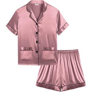 image:imageSWOMOG Girls Pajamas Silk Satin Pajama Set Short Sleeve Button Down Sleepwear Soft Cute PJs with Ruffle Shorts LoungewearSoft Misty Pink