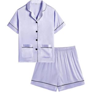image:imageSWOMOG Girls Pajamas Silk Satin Pajama Set Short Sleeve Button Down Sleepwear Soft Cute PJs with Ruffle Shorts Loungewearmauve