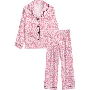 image:imageSWOMOG Girls Satin Pajamas Set Silk Button Down Pjs Set 2 Pieces Short Sleeve Kids Strawberry SleepwearPink Leopard Print