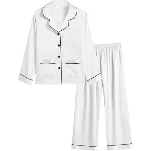 image:imageSWOMOG Girls Satin Pajamas Set Silk Button Down Pjs Set 2 Pieces Short Sleeve Kids Strawberry SleepwearWhite