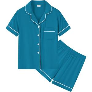 image:imageSWOMOG Kids Modal PJs Short Sleeve ButtonDown Pajamas TwoPiece Lounge Sets Soft Sleepwear Peacock Blue Size 67