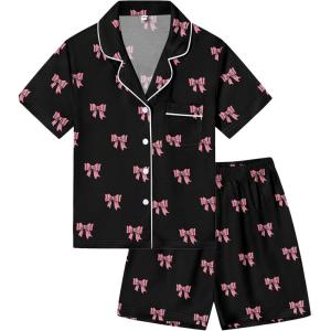 image:imageSWOMOG Kids Pajamas Sets 3PCS Short Sleeve Long Pants with Shorts Girls Boys Button Down PJS Cute Loungewear for 4T15YearsBlack Bowknot