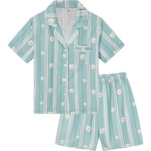 image:imageSWOMOG Kids Pajamas Sets 3PCS Short Sleeve Long Pants with Shorts Girls Boys Button Down PJS Cute Loungewear for 4T15YearsBlue Daisy