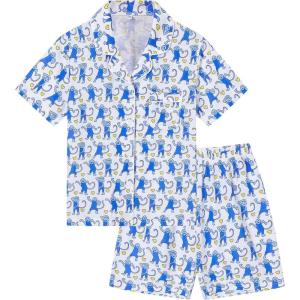 image:imageSWOMOG Kids Pajamas Sets 3PCS Short Sleeve Long Pants with Shorts Girls Boys Button Down PJS Cute Loungewear for 4T15YearsBlue Monkey