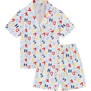 image:imageSWOMOG Kids Pajamas Sets 3PCS Short Sleeve Long Pants with Shorts Girls Boys Button Down PJS Cute Loungewear for 4T15YearsLetter