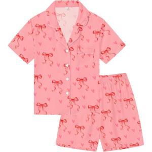 image:imageSWOMOG Kids Pajamas Sets 3PCS Short Sleeve Long Pants with Shorts Girls Boys Button Down PJS Cute Loungewear for 4T15YearsPink Bowknot