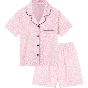 image:imageSWOMOG Kids Pajamas Sets 3PCS Short Sleeve Long Pants with Shorts Girls Boys Button Down PJS Cute Loungewear for 4T15YearsPink Leopard