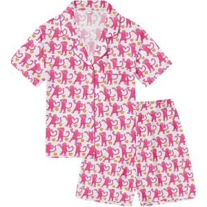 image:imageSWOMOG Kids Pajamas Sets 3PCS Short Sleeve Long Pants with Shorts Girls Boys Button Down PJS Cute Loungewear for 4T15YearsPink Monkey