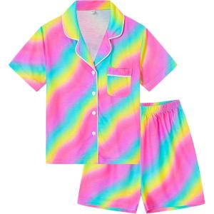 image:imageSWOMOG Kids Pajamas Sets 3PCS Short Sleeve Long Pants with Shorts Girls Boys Button Down PJS Cute Loungewear for 4T15YearsRainbow