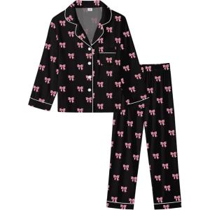image:imageSWOMOG Kids Pajamas Sets Girls Boys Long Sleeve Sleepwear 2 Piece Lounge Sets Modal Button Down Pjs Set for 413 YearsAblack Bowknot