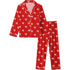 image:imageSWOMOG Kids Pajamas Sets Girls Boys Long Sleeve Sleepwear 2 Piece Lounge Sets Modal Button Down Pjs Set for 413 YearsAred Bowknot