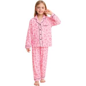 image:imageSWOMOG Kids Pajamas Sets Girls Boys Long Sleeve Sleepwear 2 Piece Lounge Sets Modal Button Down Pjs Set for 413 YearsBdeep Pink Leopard2 Piping