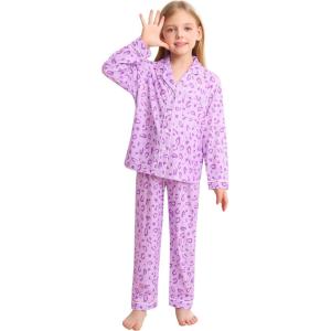 image:imageSWOMOG Kids Pajamas Sets Girls Boys Long Sleeve Sleepwear 2 Piece Lounge Sets Modal Button Down Pjs Set for 413 YearsBpurple Leopard2 Piping