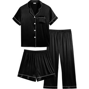 image:imageSWOMOG Kids Silk Pajamas 3 Piece Girls Boys Satin Pajamas Set ButtonDown PJs Set Soft Loungewear Short Sleeve SleepwearBlack