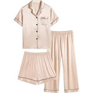 image:imageSWOMOG Kids Silk Pajamas 3 Piece Girls Boys Satin Pajamas Set ButtonDown PJs Set Soft Loungewear Short Sleeve SleepwearChampagne