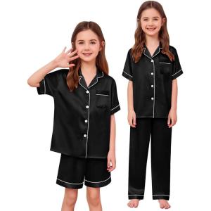 image:imageSWOMOG Kids Silk Pajamas 3 Piece Girls Boys Satin Pajamas Set ButtonDown PJs Set Soft Loungewear Short Sleeve SleepwearDeep Black