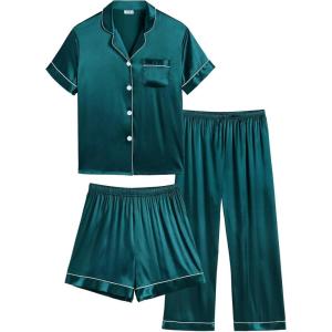 image:imageSWOMOG Kids Silk Pajamas 3 Piece Girls Boys Satin Pajamas Set ButtonDown PJs Set Soft Loungewear Short Sleeve SleepwearDeep Green