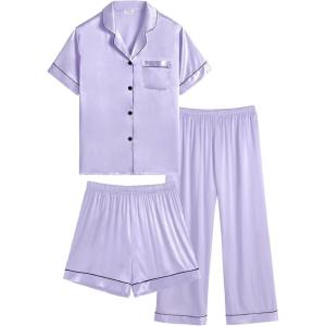image:imageSWOMOG Kids Silk Pajamas 3 Piece Girls Boys Satin Pajamas Set ButtonDown PJs Set Soft Loungewear Short Sleeve SleepwearLavender