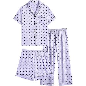 image:imageSWOMOG Kids Silk Pajamas 3 Piece Girls Boys Satin Pajamas Set ButtonDown PJs Set Soft Loungewear Short Sleeve SleepwearLavender Dots