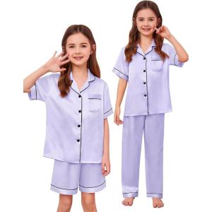 image:imageSWOMOG Kids Silk Pajamas 3 Piece Girls Boys Satin Pajamas Set ButtonDown PJs Set Soft Loungewear Short Sleeve SleepwearLight Lavender