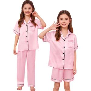 image:imageSWOMOG Kids Silk Pajamas 3 Piece Girls Boys Satin Pajamas Set ButtonDown PJs Set Soft Loungewear Short Sleeve SleepwearLight Pink