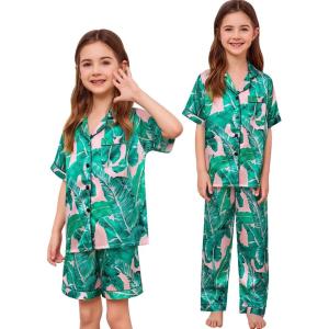 image:imageSWOMOG Kids Silk Pajamas 3 Piece Girls Boys Satin Pajamas Set ButtonDown PJs Set Soft Loungewear Short Sleeve SleepwearLight Pink Leaves