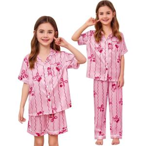 image:imageSWOMOG Kids Silk Pajamas 3 Piece Girls Boys Satin Pajamas Set ButtonDown PJs Set Soft Loungewear Short Sleeve SleepwearLight Pink Stripes