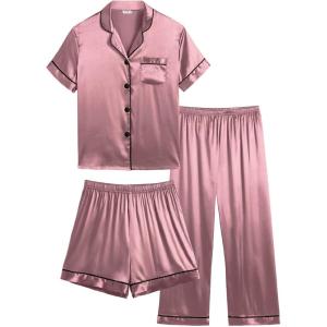 image:imageSWOMOG Kids Silk Pajamas 3 Piece Girls Boys Satin Pajamas Set ButtonDown PJs Set Soft Loungewear Short Sleeve SleepwearMisty Rose