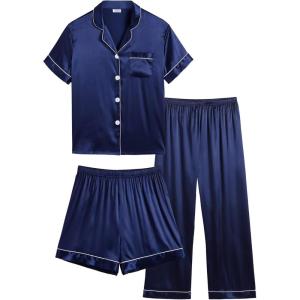 image:imageSWOMOG Kids Silk Pajamas 3 Piece Girls Boys Satin Pajamas Set ButtonDown PJs Set Soft Loungewear Short Sleeve SleepwearNavy Blue