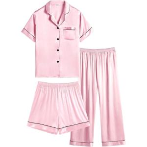 image:imageSWOMOG Kids Silk Pajamas 3 Piece Girls Boys Satin Pajamas Set ButtonDown PJs Set Soft Loungewear Short Sleeve SleepwearPink