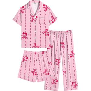 image:imageSWOMOG Kids Silk Pajamas 3 Piece Girls Boys Satin Pajamas Set ButtonDown PJs Set Soft Loungewear Short Sleeve SleepwearPink Bow