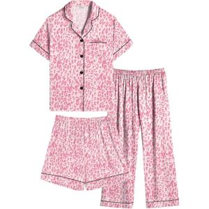 image:imageSWOMOG Kids Silk Pajamas 3 Piece Girls Boys Satin Pajamas Set ButtonDown PJs Set Soft Loungewear Short Sleeve SleepwearPink Leopard
