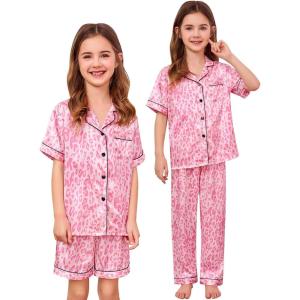 image:imageSWOMOG Kids Silk Pajamas 3 Piece Girls Boys Satin Pajamas Set ButtonDown PJs Set Soft Loungewear Short Sleeve SleepwearPink Print Leopard