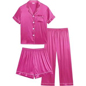 image:imageSWOMOG Kids Silk Pajamas 3 Piece Girls Boys Satin Pajamas Set ButtonDown PJs Set Soft Loungewear Short Sleeve SleepwearPink Rose