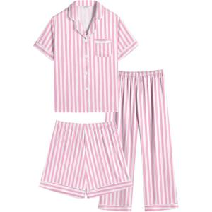 image:imageSWOMOG Kids Silk Pajamas 3 Piece Girls Boys Satin Pajamas Set ButtonDown PJs Set Soft Loungewear Short Sleeve SleepwearPink Striped