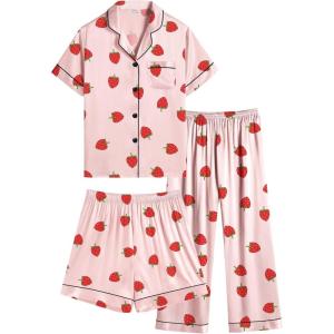 image:imageSWOMOG Kids Silk Pajamas 3 Piece Girls Boys Satin Pajamas Set ButtonDown PJs Set Soft Loungewear Short Sleeve SleepwearSakura Pink Strawberry