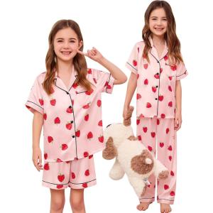 image:imageSWOMOG Kids Silk Pajamas 3 Piece Girls Boys Satin Pajamas Set ButtonDown PJs Set Soft Loungewear Short Sleeve SleepwearStrawberry Pink