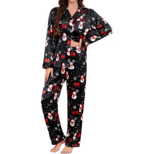 image:imageSWOMOG Long Sleeve Pajamas Set Silk Satin Sleepwear Button Down Pjs Loungewear with PocketChristmas Black
