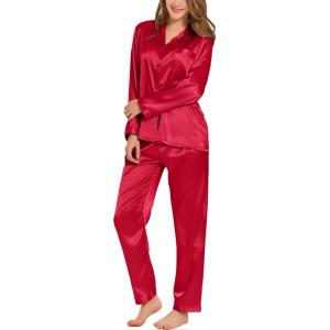 image:imageSWOMOG Long Sleeve Pajamas Set Silk Satin Sleepwear Button Down Pjs Loungewear with PocketChristmas Red