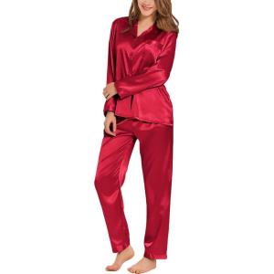image:imageSWOMOG Long Sleeve Pajamas Set Silk Satin Sleepwear Button Down Pjs Loungewear with PocketDark Red