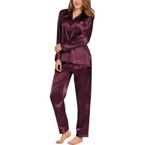 image:imageSWOMOG Long Sleeve Pajamas Set Silk Satin Sleepwear Button Down Pjs Loungewear with PocketDeep Wine Red