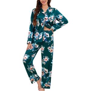 image:imageSWOMOG Long Sleeve Pajamas Set Silk Satin Sleepwear Button Down Pjs Loungewear with PocketGreen Floral