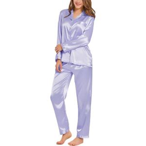 image:imageSWOMOG Long Sleeve Pajamas Set Silk Satin Sleepwear Button Down Pjs Loungewear with PocketLavender