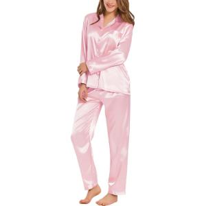 image:imageSWOMOG Long Sleeve Pajamas Set Silk Satin Sleepwear Button Down Pjs Loungewear with PocketLight Pink