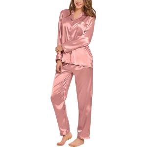 image:imageSWOMOG Long Sleeve Pajamas Set Silk Satin Sleepwear Button Down Pjs Loungewear with PocketMisty Rose