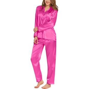 image:imageSWOMOG Long Sleeve Pajamas Set Silk Satin Sleepwear Button Down Pjs Loungewear with PocketRose Red