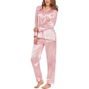 image:imageSWOMOG Long Sleeve Pajamas Set Silk Satin Sleepwear Button Down Pjs Loungewear with PocketSakura Pink