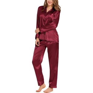 image:imageSWOMOG Long Sleeve Pajamas Set Silk Satin Sleepwear Button Down Pjs Loungewear with PocketWine Red